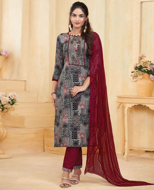 Grey material catalog churidar, intricately printed top, contrast pants & uniquely printed dupatta