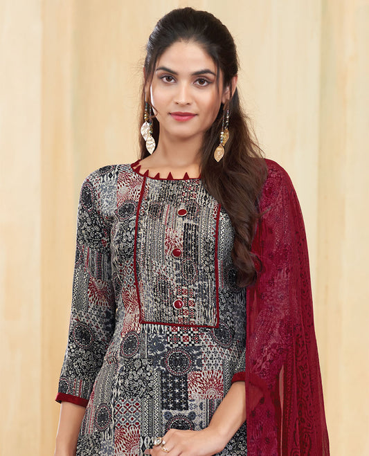 Grey material catalog churidar, intricately printed top, contrast pants & uniquely printed dupatta