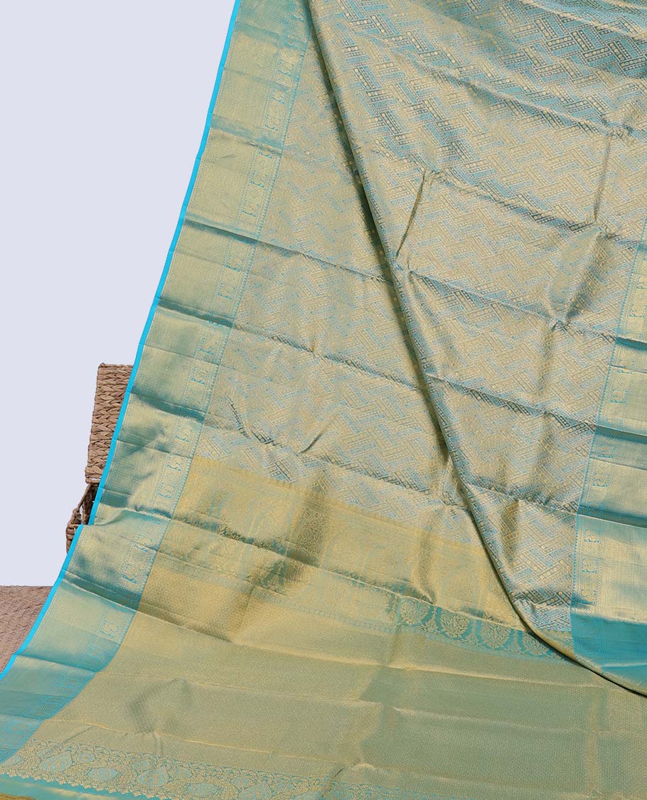Blue jacquard Kanchipuram tissue silksaree, intricate pallu & border of thilakam mokku,neli,diamond,mayil & vanki