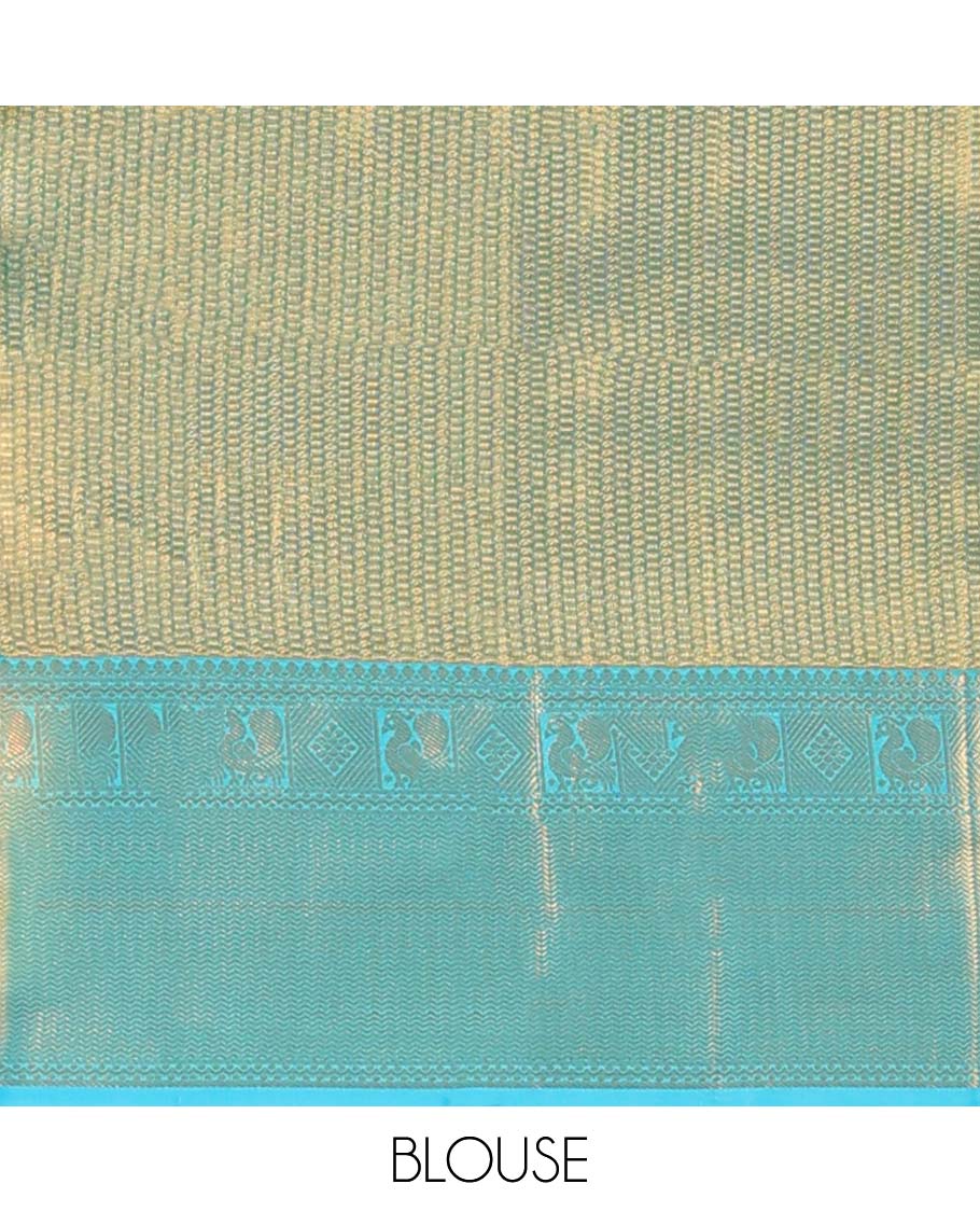 Blue jacquard Kanchipuram tissue silksaree, intricate pallu & border of thilakam mokku,neli,diamond,mayil & vanki