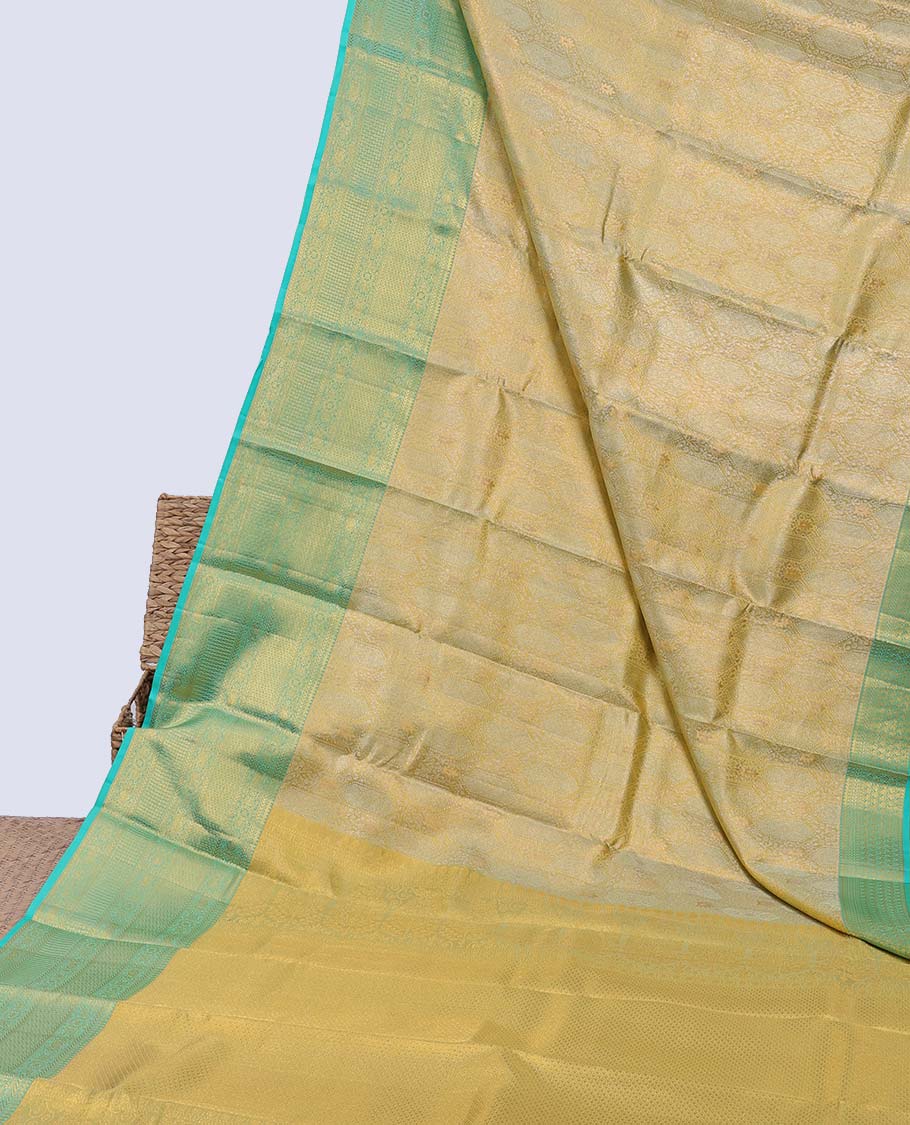 Gold jacquard Kanchipuram tissue silk saree, contrast jaal pallu & border of thilakam,kathir & intricate designs