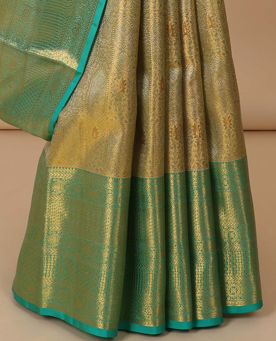 Gold jacquard Kanchipuram tissue silk saree, contrast jaal pallu & border of thilakam,kathir & intricate designs