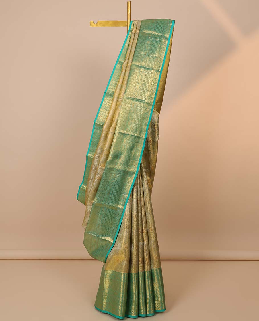 Gold jacquard Kanchipuram tissue silk saree, contrast jaal pallu & border of thilakam,kathir & intricate designs