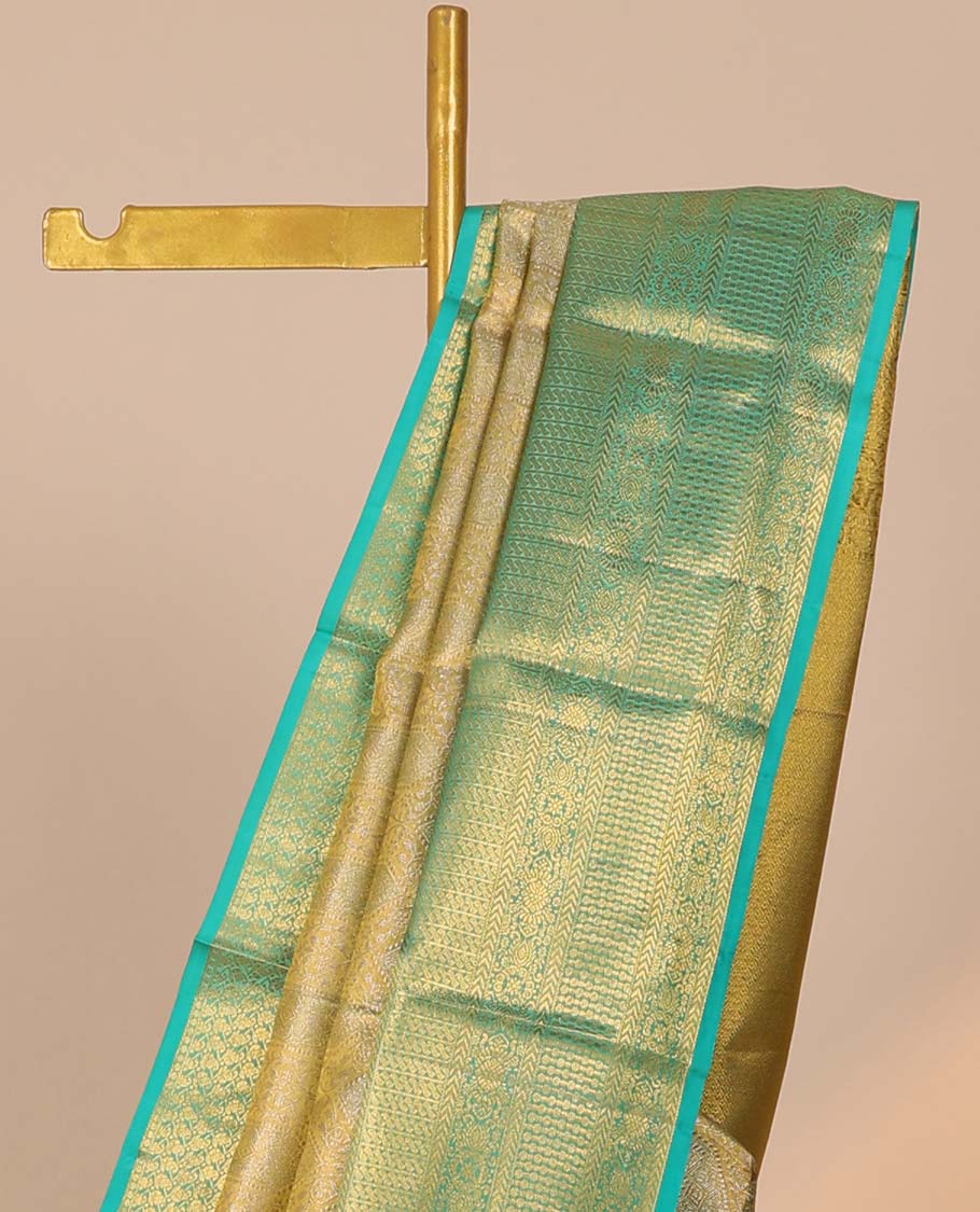 Gold jacquard Kanchipuram tissue silk saree, contrast jaal pallu & border of thilakam,kathir & intricate designs