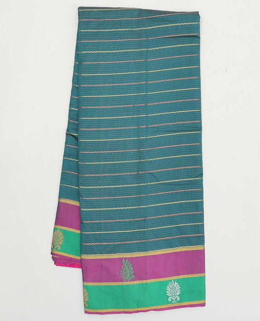 Blue zig-zag striped aarani gift saree, contrast unique motifs border