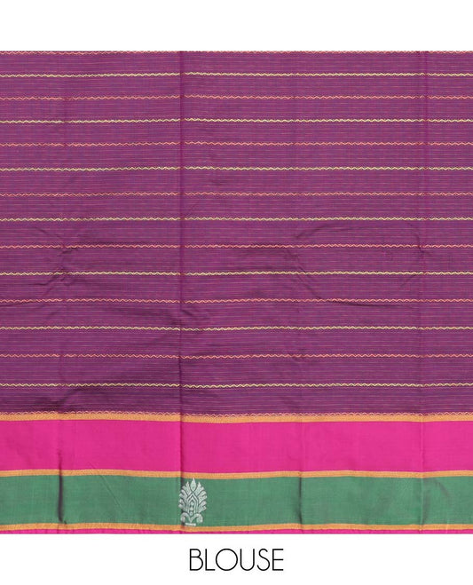 Blue zig-zag striped aarani gift saree, contrast unique motifs border