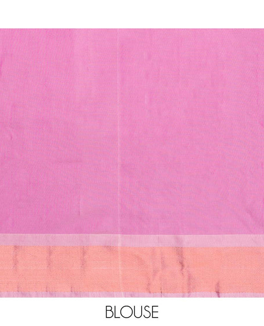 Pink striped aarani gift saree, contrast zari border