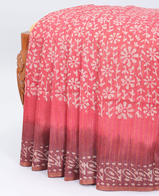 Pink linen cotton saree with batik-style floral vine, contrast border & pallu of batik printed