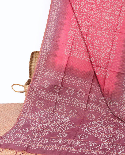 Pink linen cotton saree with batik-style floral vine, contrast border & pallu of batik printed