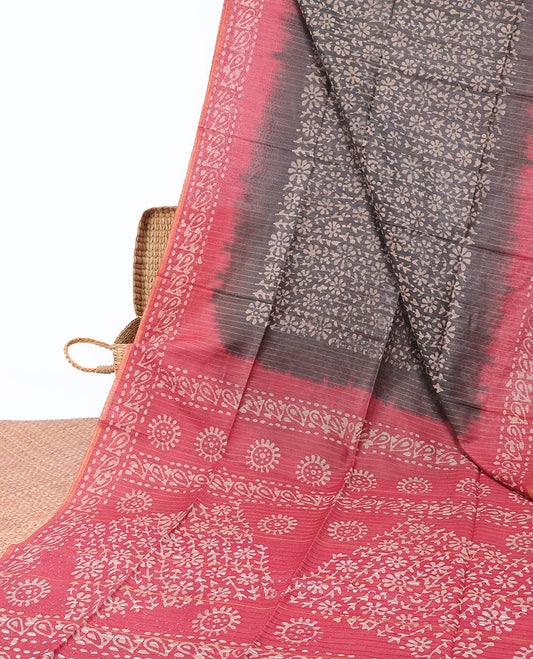 Grey linen cotton saree with batik-style floral vine, contrast border & pallu of batik printed