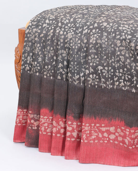 Grey linen cotton saree with batik-style floral vine, contrast border & pallu of batik printed