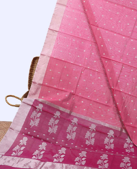 Pink chanderi cotton saree with buttas, plain border & palu of floral designs