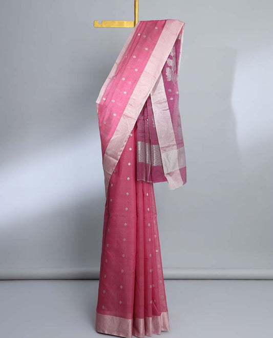 Pink chanderi cotton saree with buttas, plain border & palu of floral designs