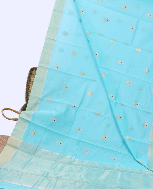 Blue chanderi cotton saree with floral buttas, plain border & palu of stripes