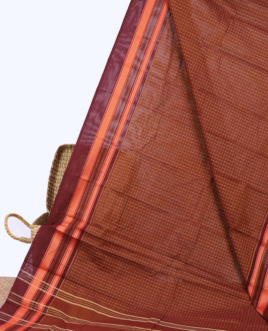 Brown buttas chettinad cotton saree, contrast traditional design border & pallu of stripes