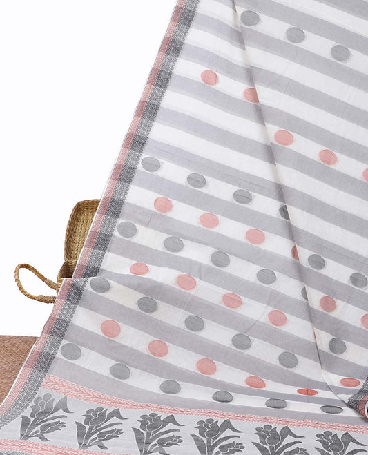 Grey striped coimbatore cotton saree with polka dots, self-border & pallu of intricate designs