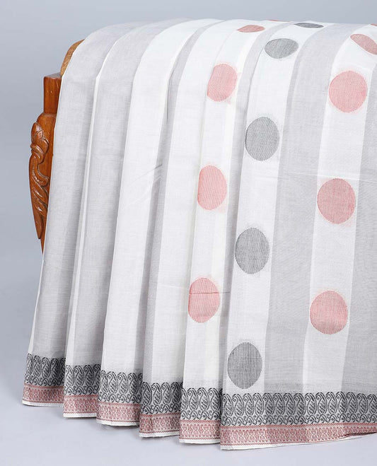 Grey striped coimbatore cotton saree with polka dots, self-border & pallu of intricate designs