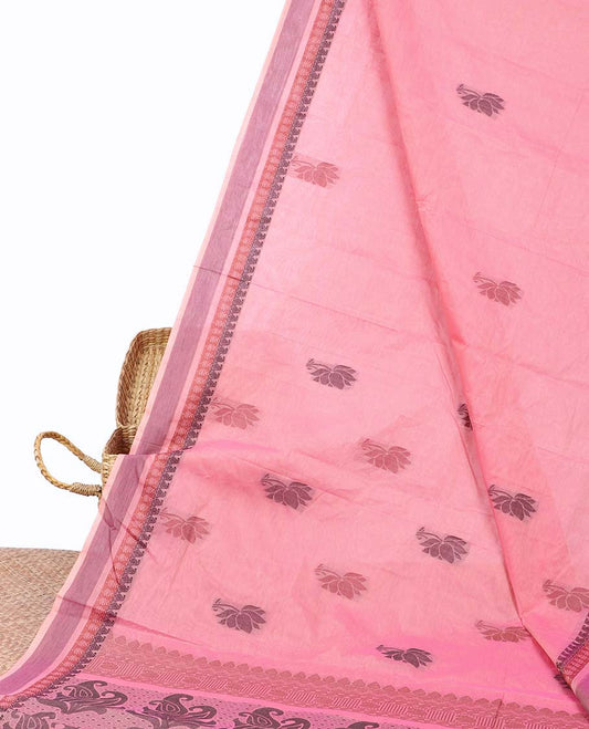 Pink Coimbatore cotton saree with floral buttas, traditional design border & pallu of paisleys