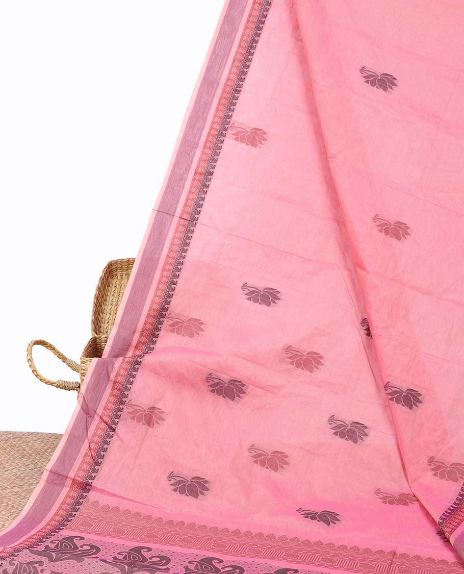 Pink Coimbatore cotton saree with floral buttas, traditional design border & pallu of paisleys