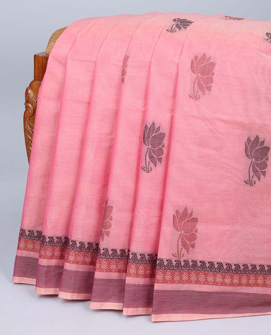 Pink Coimbatore cotton saree with floral buttas, traditional design border & pallu of paisleys