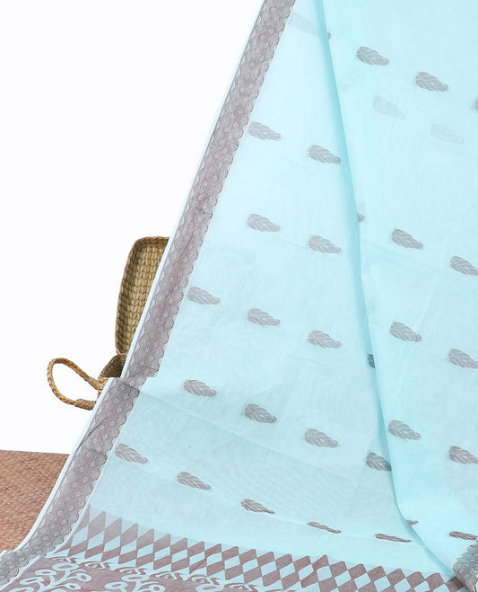 Blue coimbatore cotton saree with buttas, self-border & pallu of floral & geometric designs
