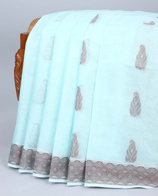 Blue coimbatore cotton saree with buttas, self-border & pallu of floral & geometric designs