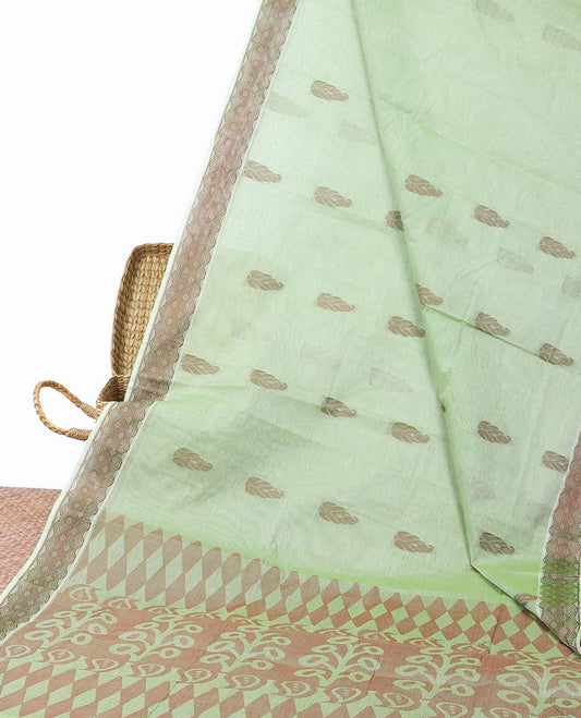 Green coimbatore cotton saree with buttas, self-border & pallu of floral & geometric designs