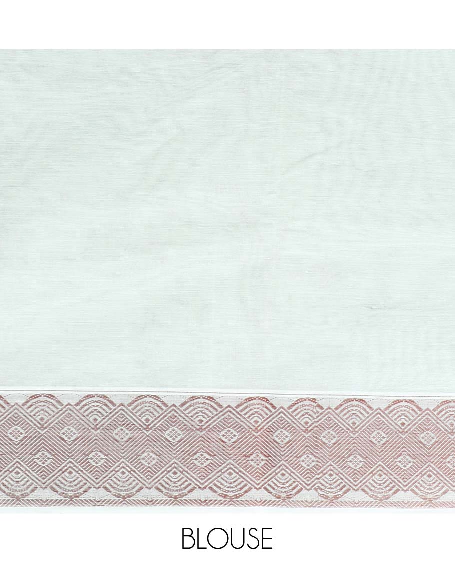 Pale green coimbatore cotton saree with buttas, self-border & pallu of floral & geometric designs