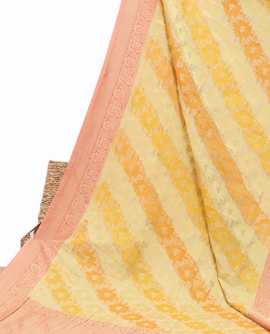 Multi-color rankat jacquard semi-banaras crepe saree, contrast traditional design border & pallu of intricate designs