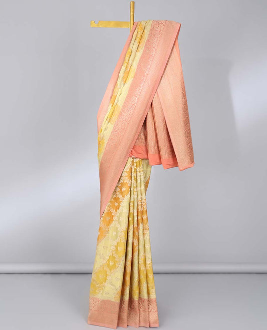 Multi-color rankat jacquard semi-banaras crepe saree, contrast traditional design border & pallu of intricate designs
