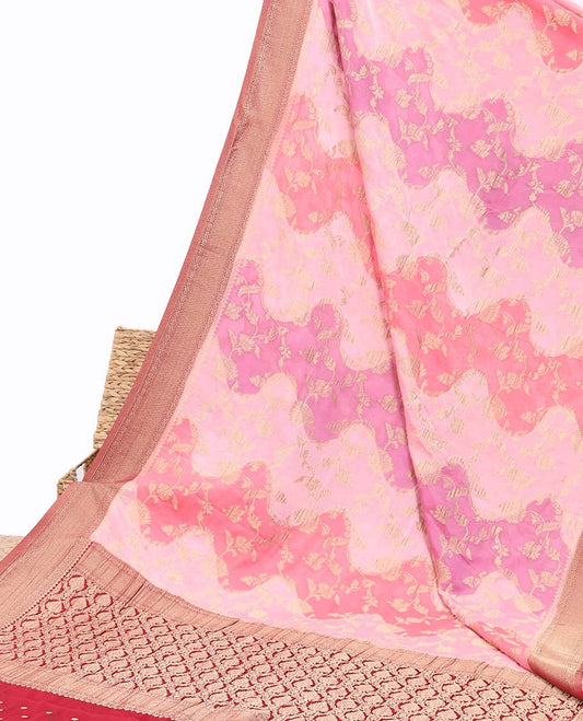 Pink rankat jacquard semi-banaras crepe saree, contrast traditional design border & pallu of intricate designs