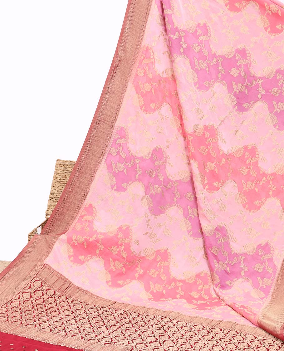 Pink rankat jacquard semi-banaras crepe saree, contrast traditional design border & pallu of intricate designs