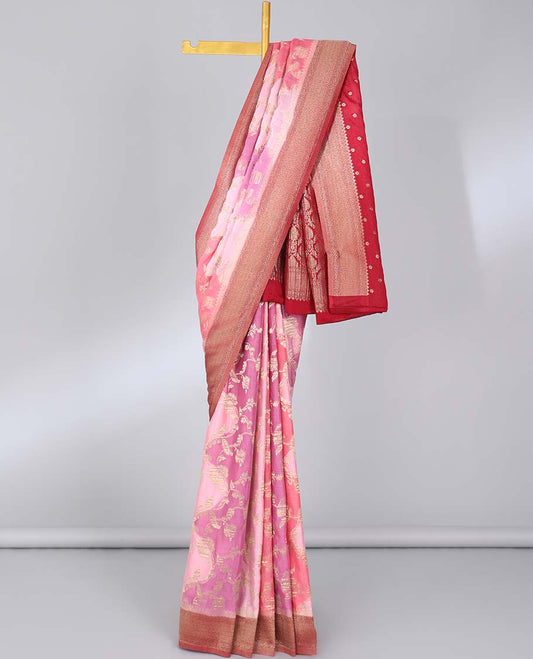 Pink rankat jacquard semi-banaras crepe saree, contrast traditional design border & pallu of intricate designs
