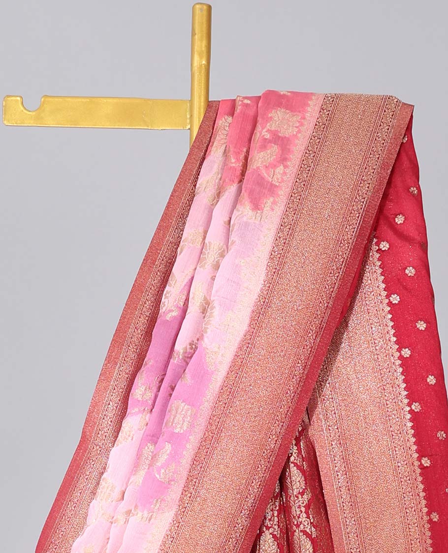 Pink rankat jacquard semi-banaras crepe saree, contrast traditional design border & pallu of intricate designs