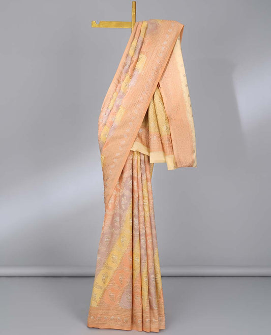 Multi-color rankat jacquard semi-banaras crepe saree, contrast floral creeper design border & pallu of intricate designs