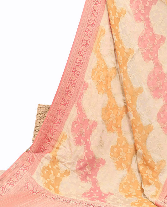 Multi-color rankat jacquard semi-banaras crepe saree, contrast floral creeper design border & pallu of intricate designs