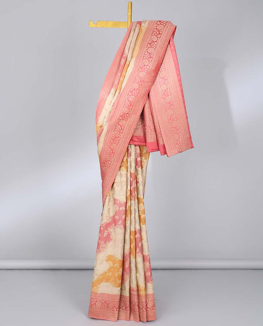 Multi-color rankat jacquard semi-banaras crepe saree, contrast floral creeper design border & pallu of intricate designs