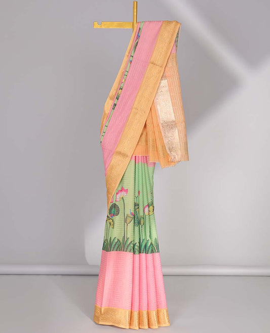 Multi-color striped, floral & peacock printed semi-banaras crepe saree, contrast traditional border & striped pallu