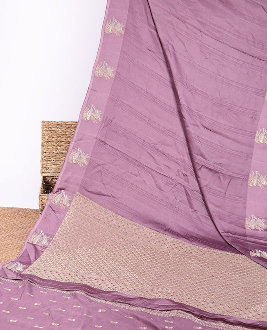 Purple mushru silk saree with geometric designs, bird motifs border & jaal pallu