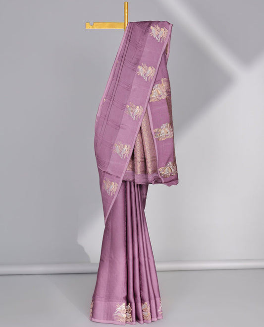 Purple mushru silk saree with geometric designs, bird motifs border & jaal pallu