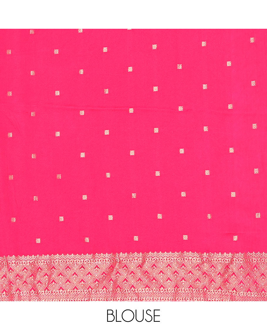 Pink mushru silk saree with geometric designs, bird motifs border & jaal pallu