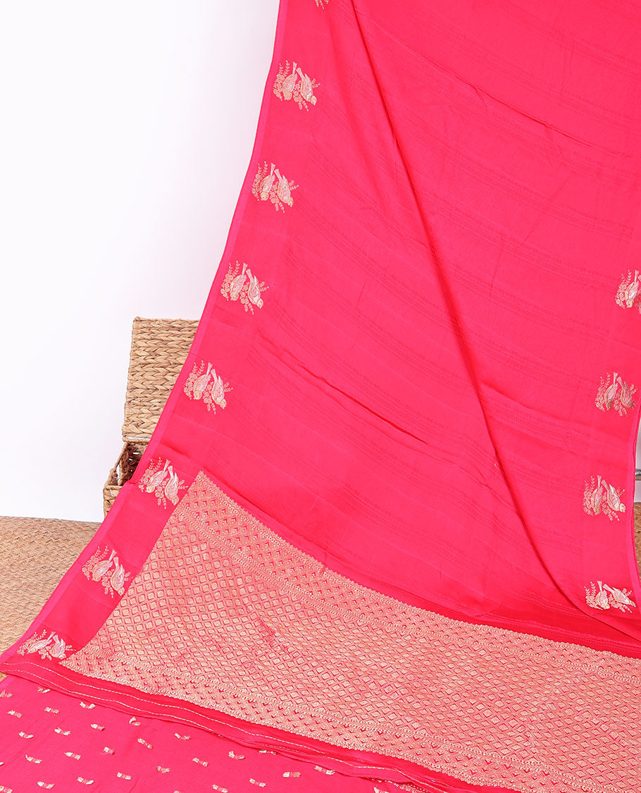 Pink mushru silk saree with geometric designs, bird motifs border & jaal pallu