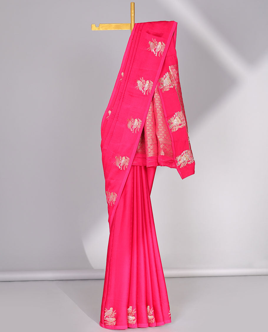 Pink mushru silk saree with geometric designs, bird motifs border & jaal pallu