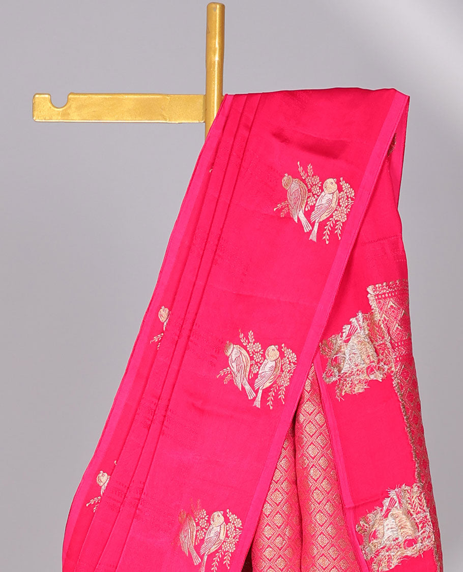 Pink mushru silk saree with geometric designs, bird motifs border & jaal pallu
