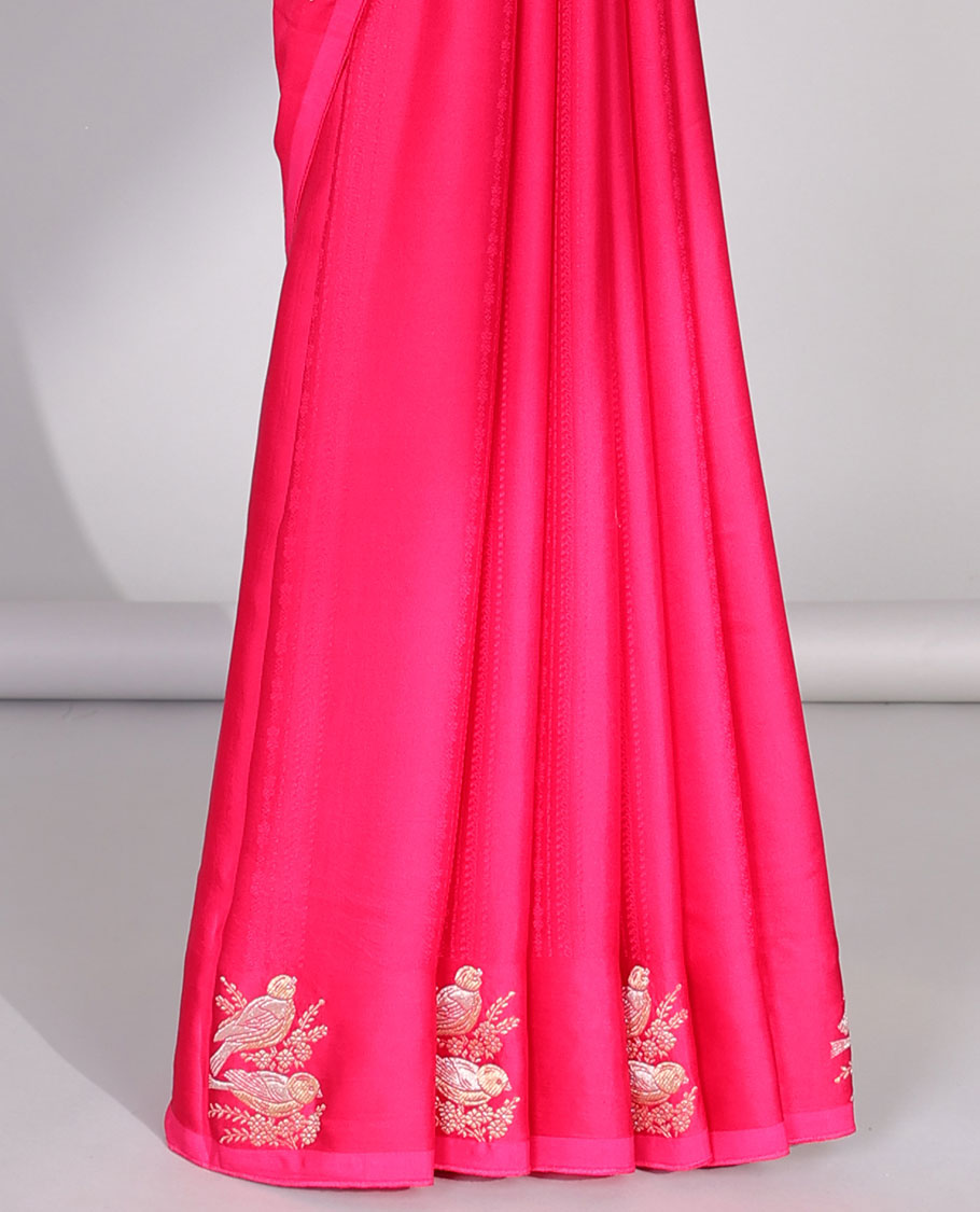 Pink mushru silk saree with geometric designs, bird motifs border & jaal pallu