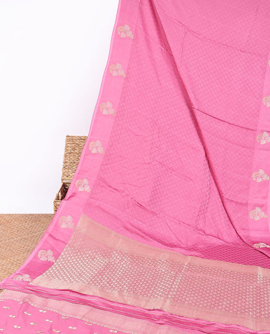 Pink jaal design mushru silk saree, floral motifs border & jaal pallu