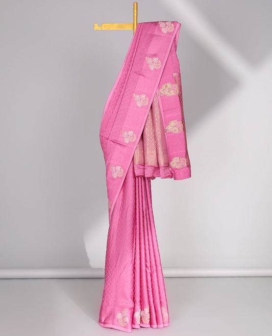 Pink jaal design mushru silk saree, floral motifs border & jaal pallu