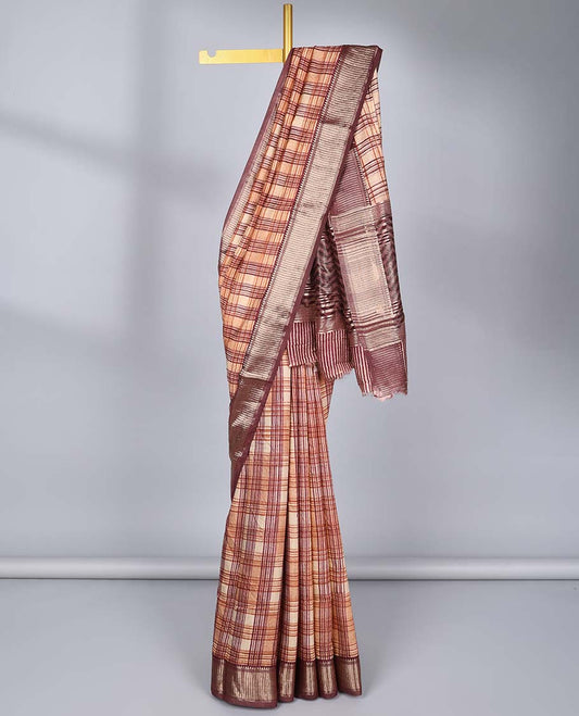 Brown checked Assam silk saree, contrast geometric zari design border & pallu of zari stripes