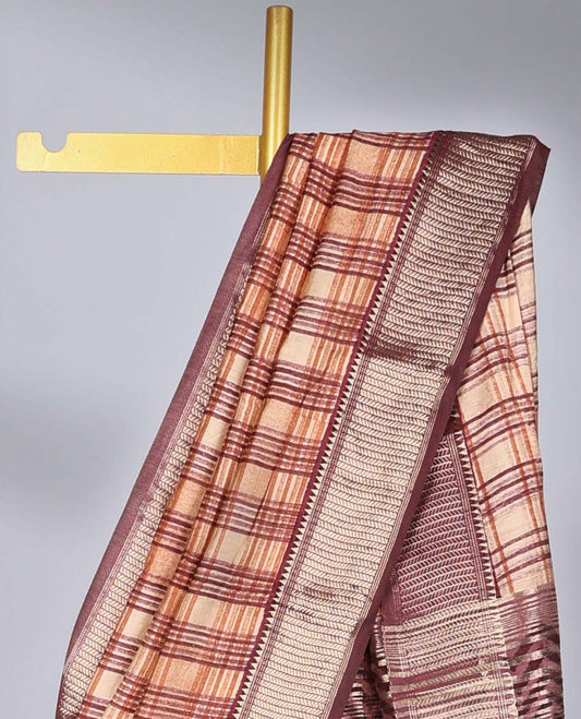 Brown checked Assam silk saree, contrast geometric zari design border & pallu of zari stripes