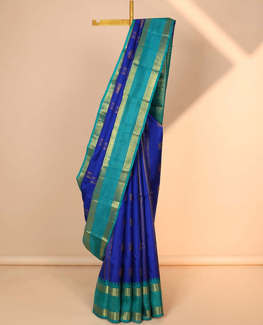 Blue zari design silk saree, contrast jaal pallu & rettai pettu border of rekku,muthu & mayil
